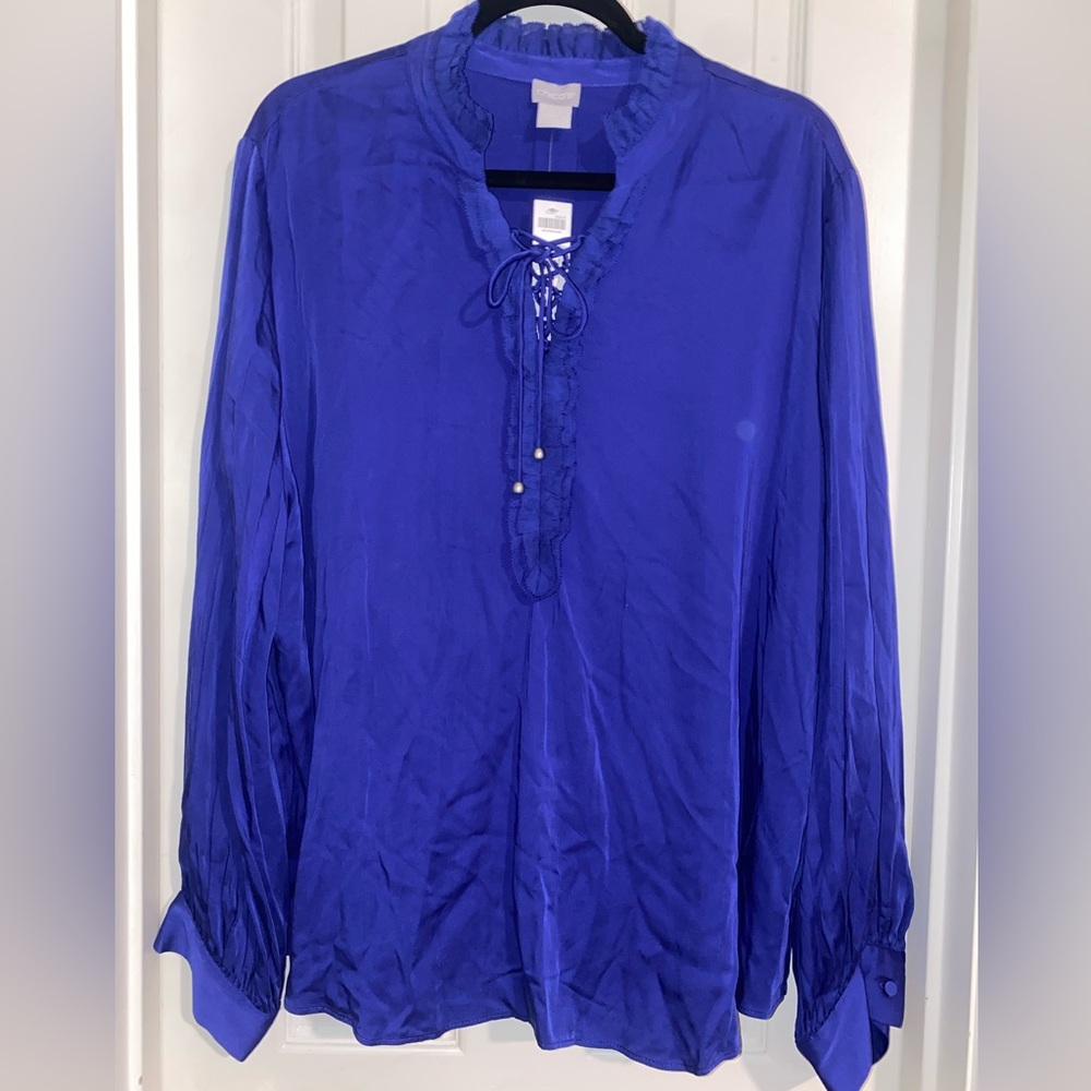 Chico's Modal Plisse‎ Chiffon Royal Blue Ruffled Lace-Up Blouse